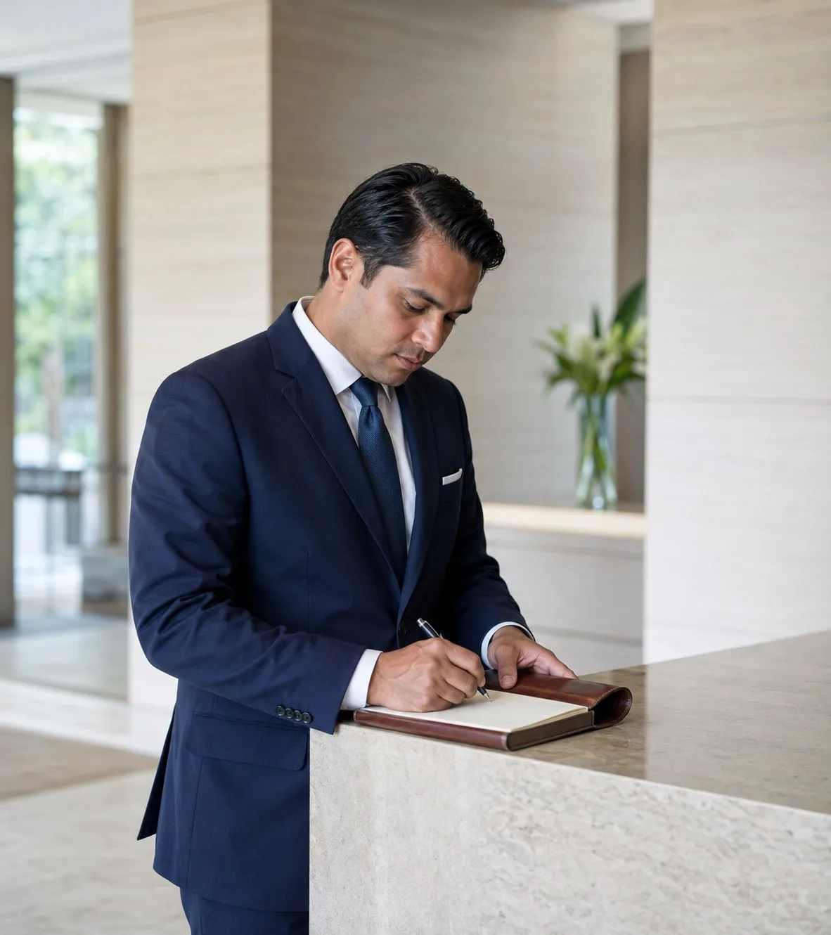 A concierge staff member in property-matched attire at a residential front desk.