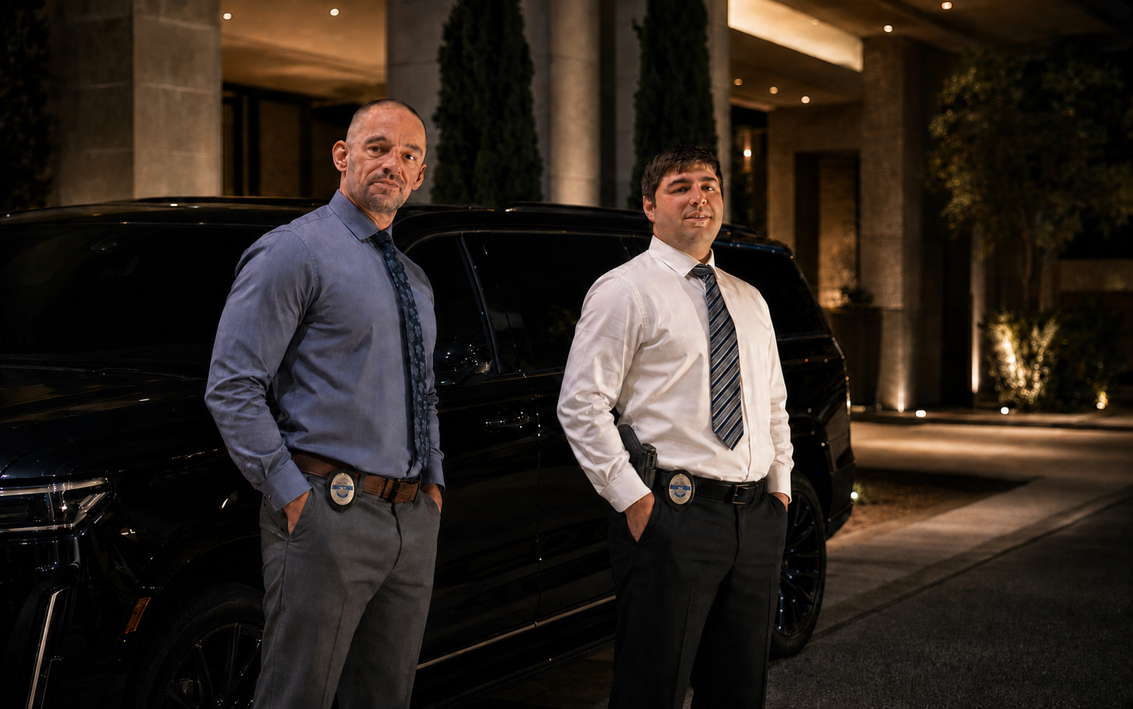 Two Valcor executive protection officers beside a black SUV at a building entrance at night