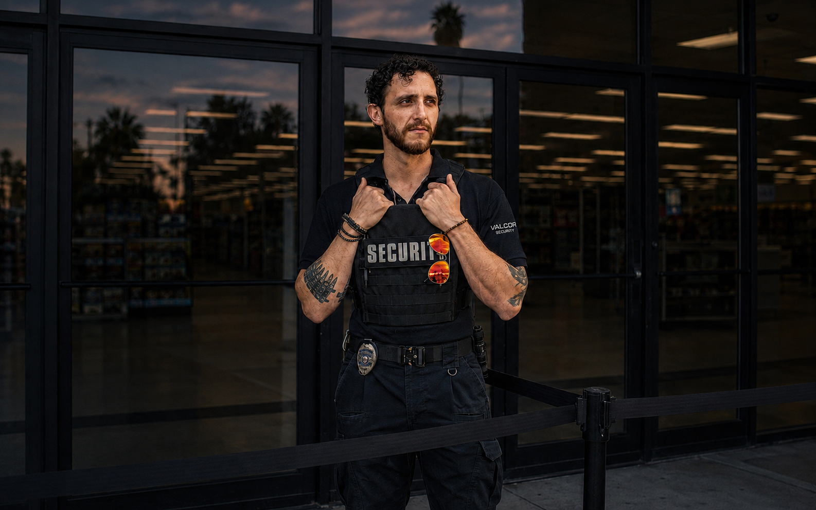 Uniformed Valcor Security officer outside a retail storefront