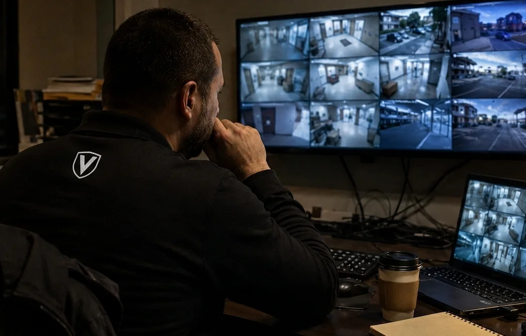 A Valcor operator monitoring security camera feeds in a control room.