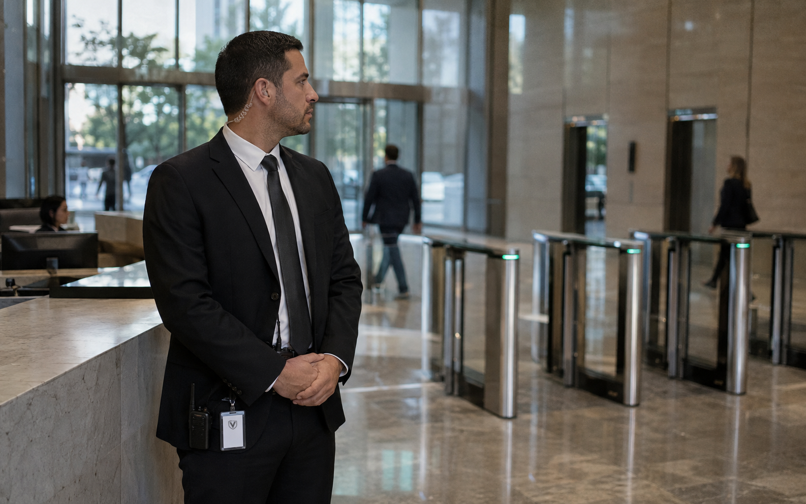 Valcor Security officer on post in a corporate lobby by the turnstile bank