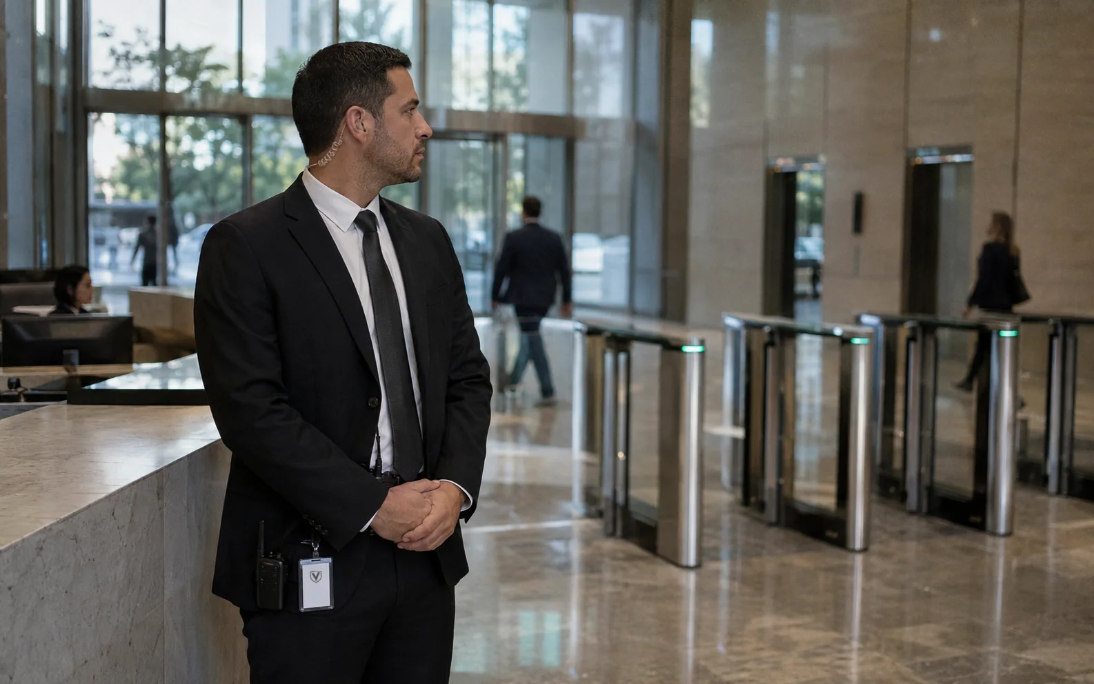 A Valcor Security officer on post in a corporate lobby.
