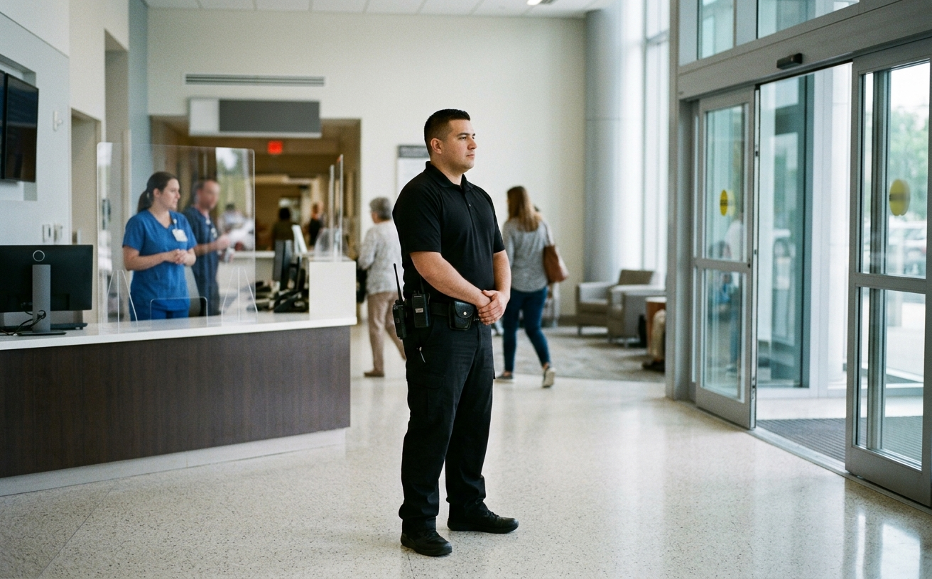 Valcor security officer on post in a healthcare facility lobby
