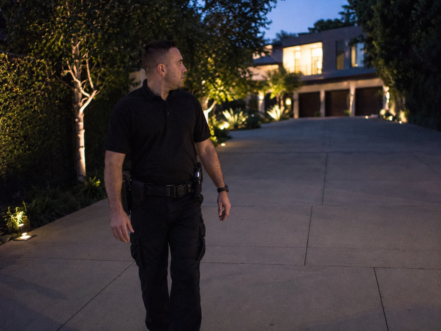 Valcor Security officer patrolling a residential community at dusk