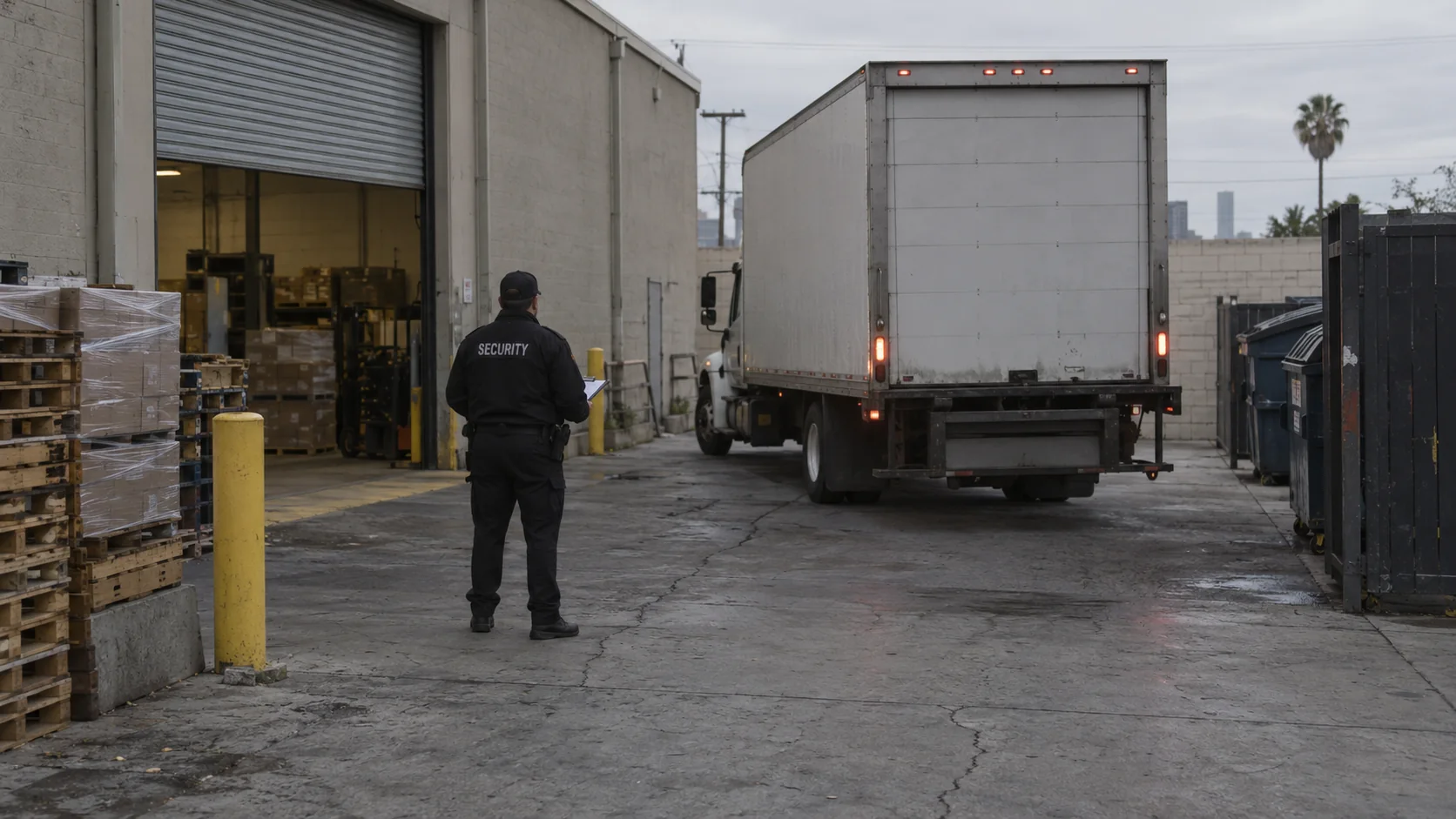Security officer with a clipboard at a commercial loading dock as a delivery truck backs in