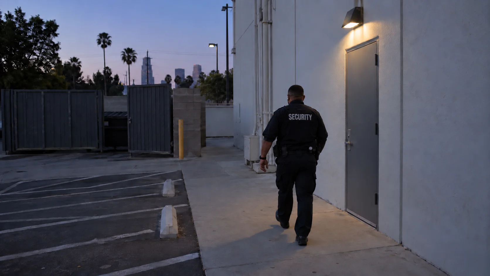 Security officer walking a commercial property perimeter at dusk in Los Angeles