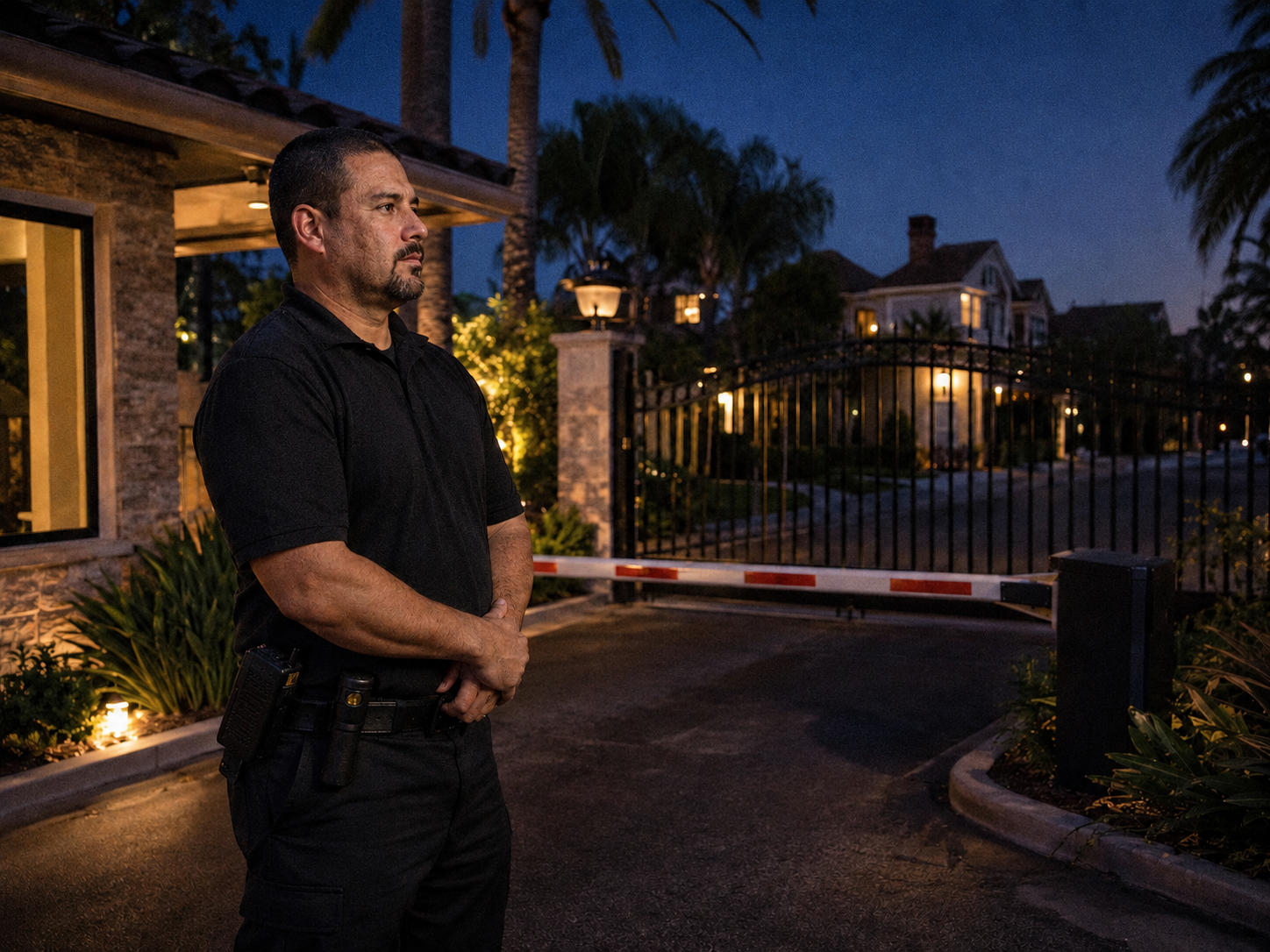 Valcor Security officer on post at a gated private estate at dusk