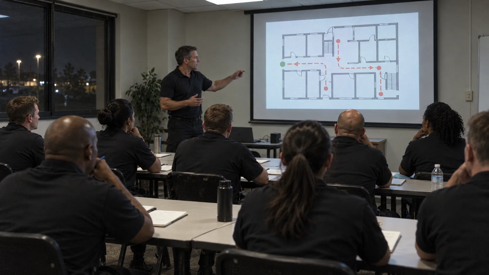 Valcor security officers in a classroom training session reviewing a patrol route floor plan