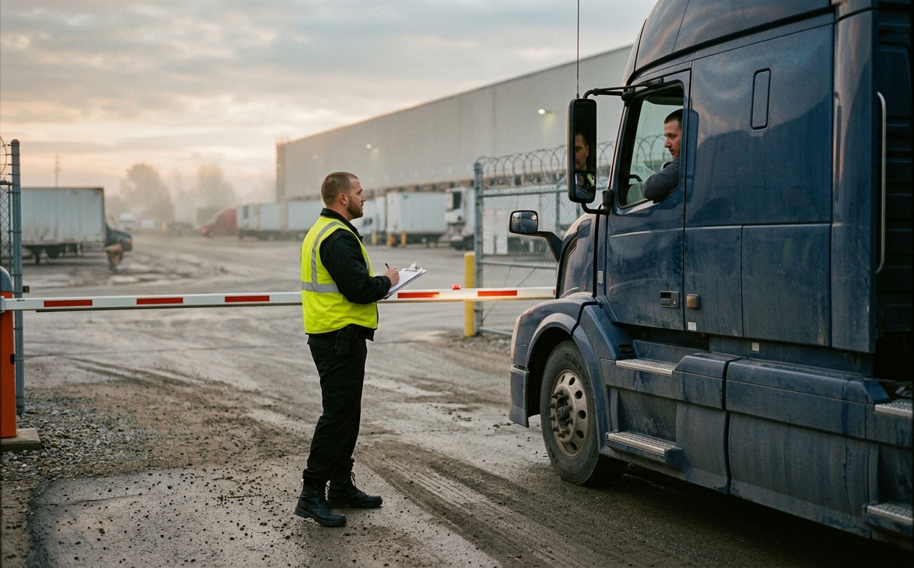 Valcor security officer checking in a driver at a warehouse gate